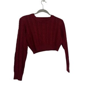 Burgundy Red Knitted Cropped Ribbed Sweater